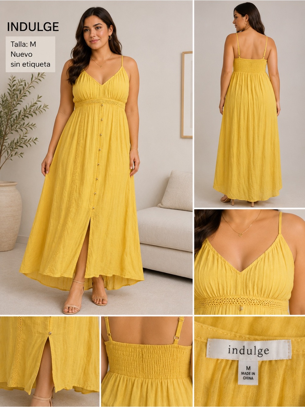indulge Yellow Spaghetti-Strap Button-Front Maxi Dress